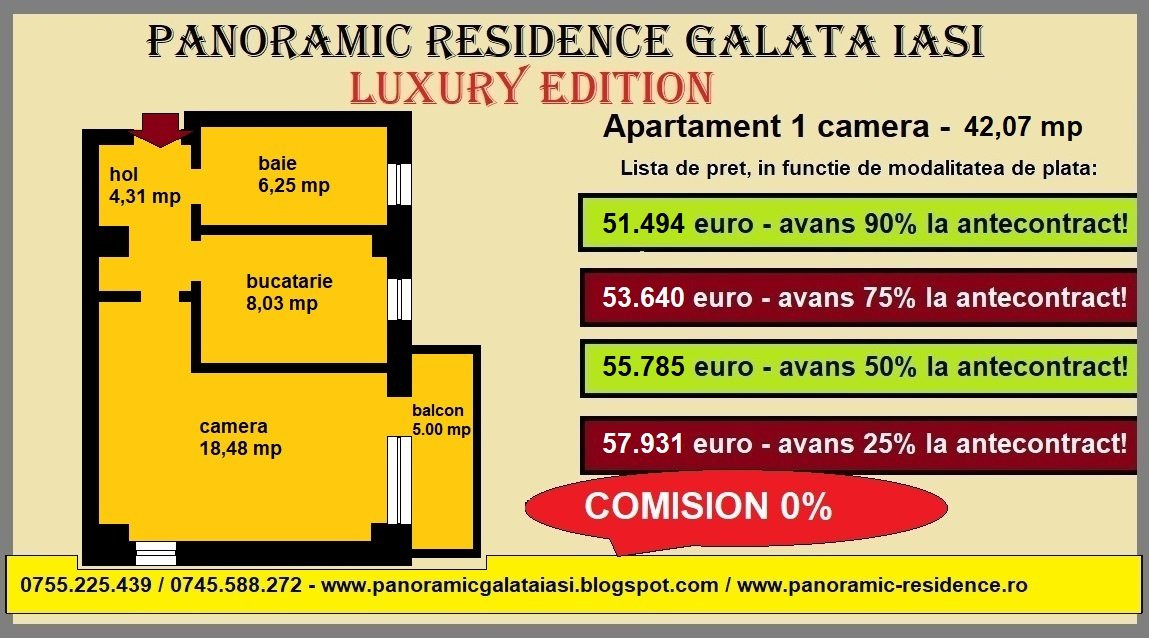 Apartament 1 camera, 42 mp, decomandat, de vanzare in Galata Iasi -Sos. VoinestI