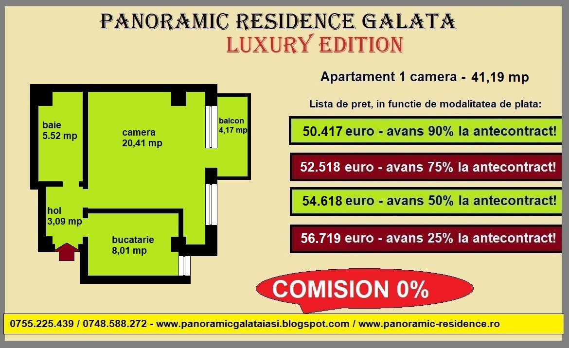 Apartament 1 camera, 41,19 mp, decomandat, de vanzare in Galata Iasi 