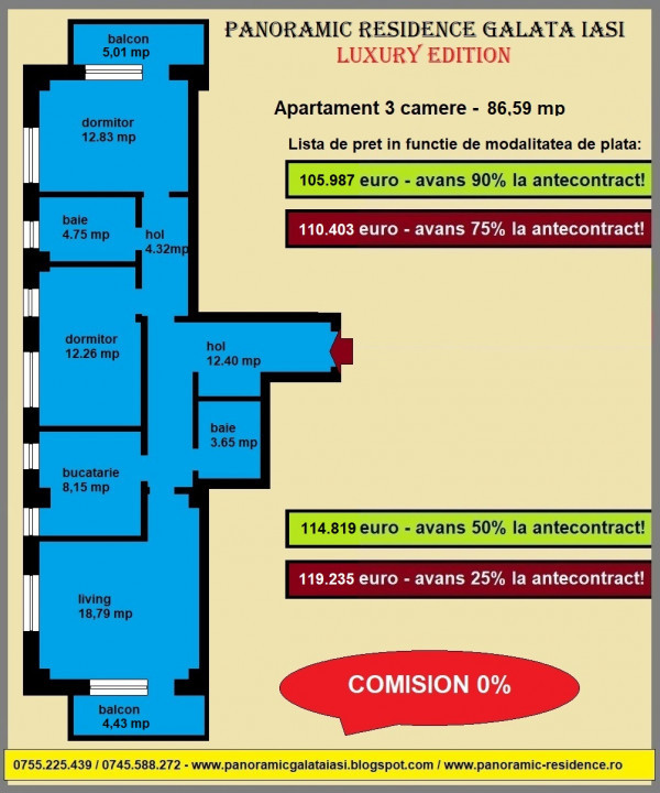 Apartament 3 camere, 86,59 mp, decomandat, 2 bai, de vanzare in Iasi, GALATA
