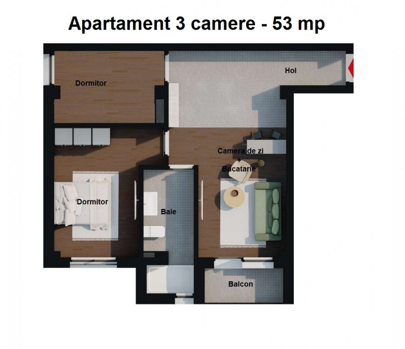 Apartament 3 camere, 53 mp, baie cu geam, Cug - Pepiniera Tudor Neculai
