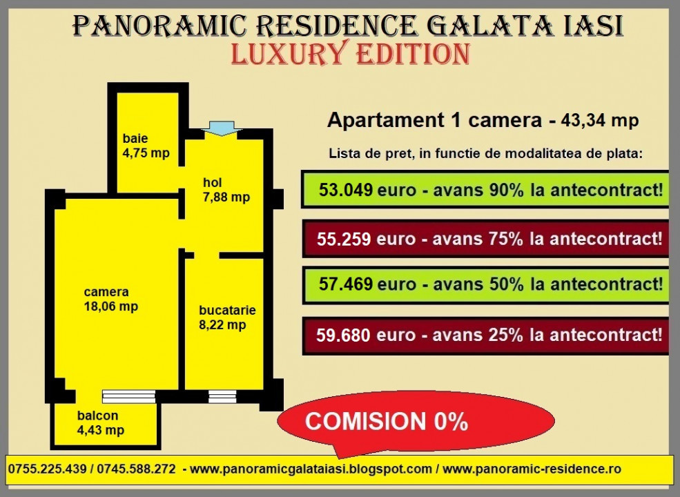 Apartament 1 camera, 43,34 mp, Galata Sos Voinesti, comision 0%, bloc nou