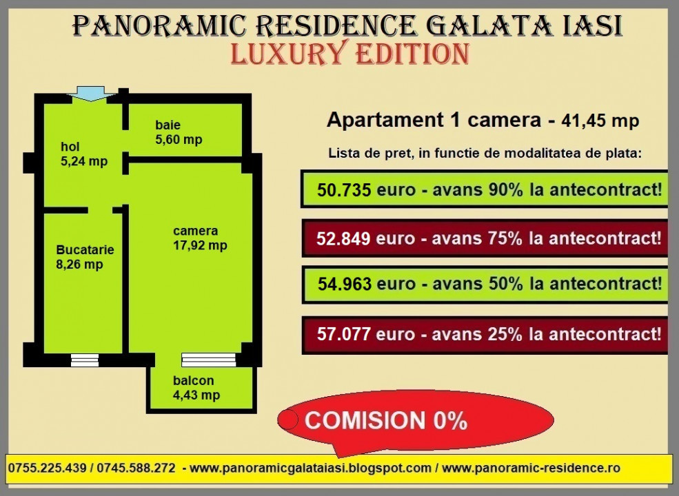 Apartament 1 camera, 42 mp, decomandat, de vanzare in Galata Iasi , comision 0% 