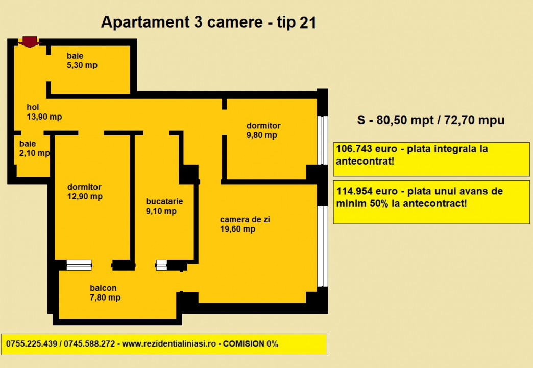 De vanzare apartament 3 camere, 80,50 mp, 2 bai, decomandat, bloc nou Cug