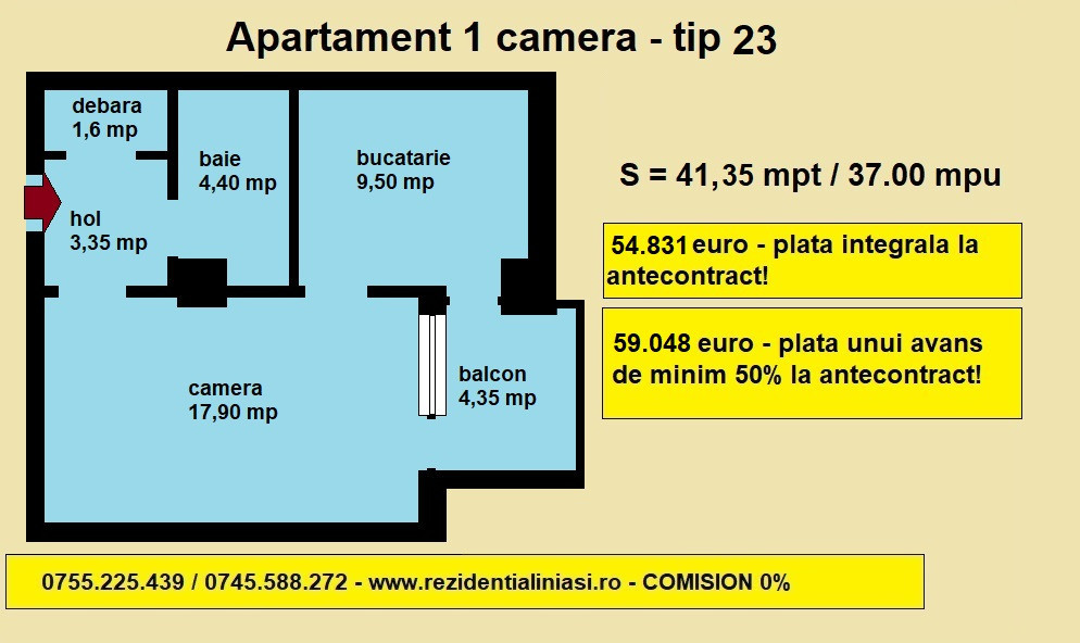 De vanzare apartament nou cu 1 camera, Nicolina Rond Vechi, 41,35 mp 