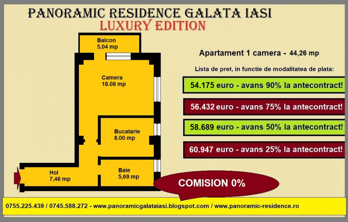 Apartament 1 camera, 44,26 mp, decomandat, baie cu geam, Galata Iasi, traseul 23