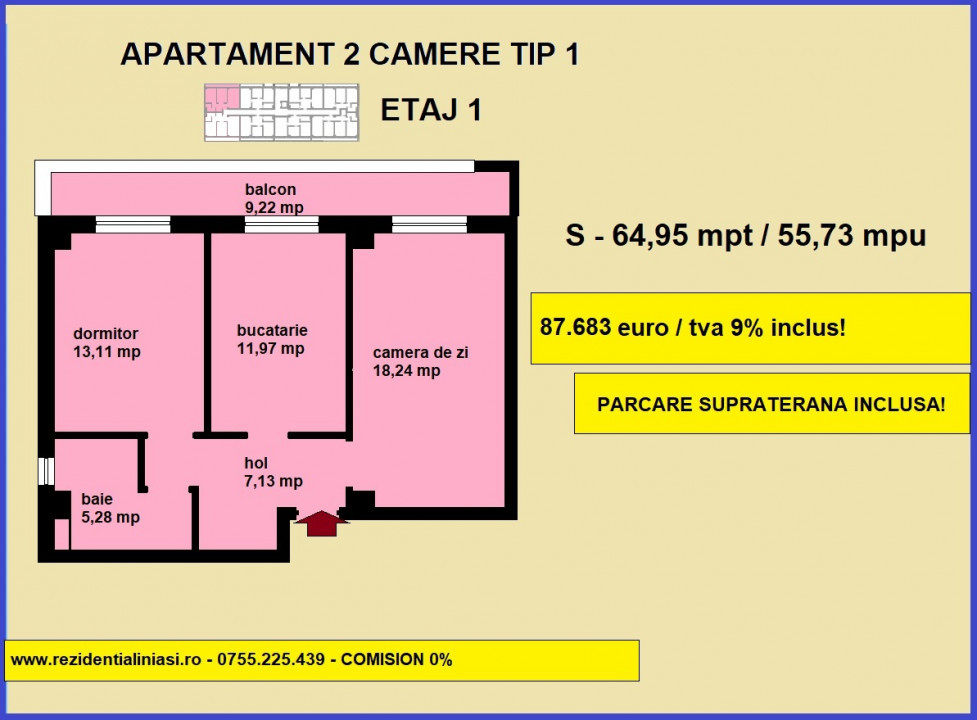 Apartament 2 camere decomandat, 64,95 mp, de vanzare in Visani Iasi, bloc nou
