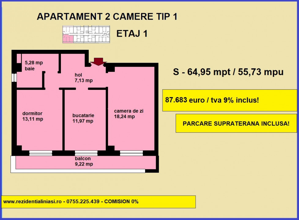 De vanzare apartament 2 camere, 64,95 mp, Visani Iasi, baie cu geam