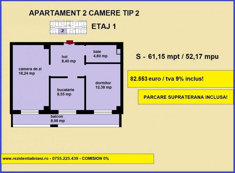 Apartament 2 camere, decomandat, 61,15 mp, bloc nou, Bucium Visani