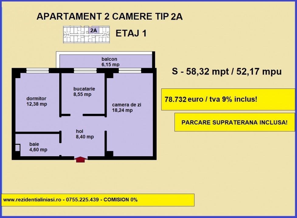 Apartament 2 camere, 58, 32 mp, decomandat, incalzire in pardoseala, Visani Iasi