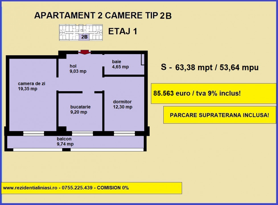 Apartament 2 camere, 64 mp, de vanzare in Bucium Visani Iasi