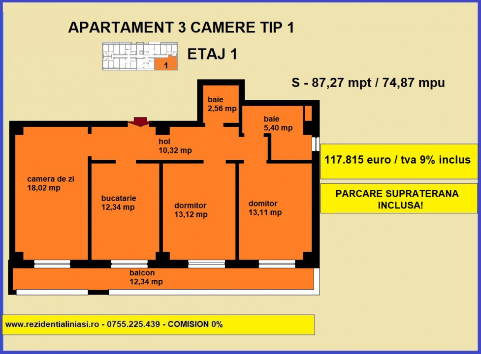 De vanzare apartament 3 camere, Bucium Visan, 2 bai, decomandat, bloc nou