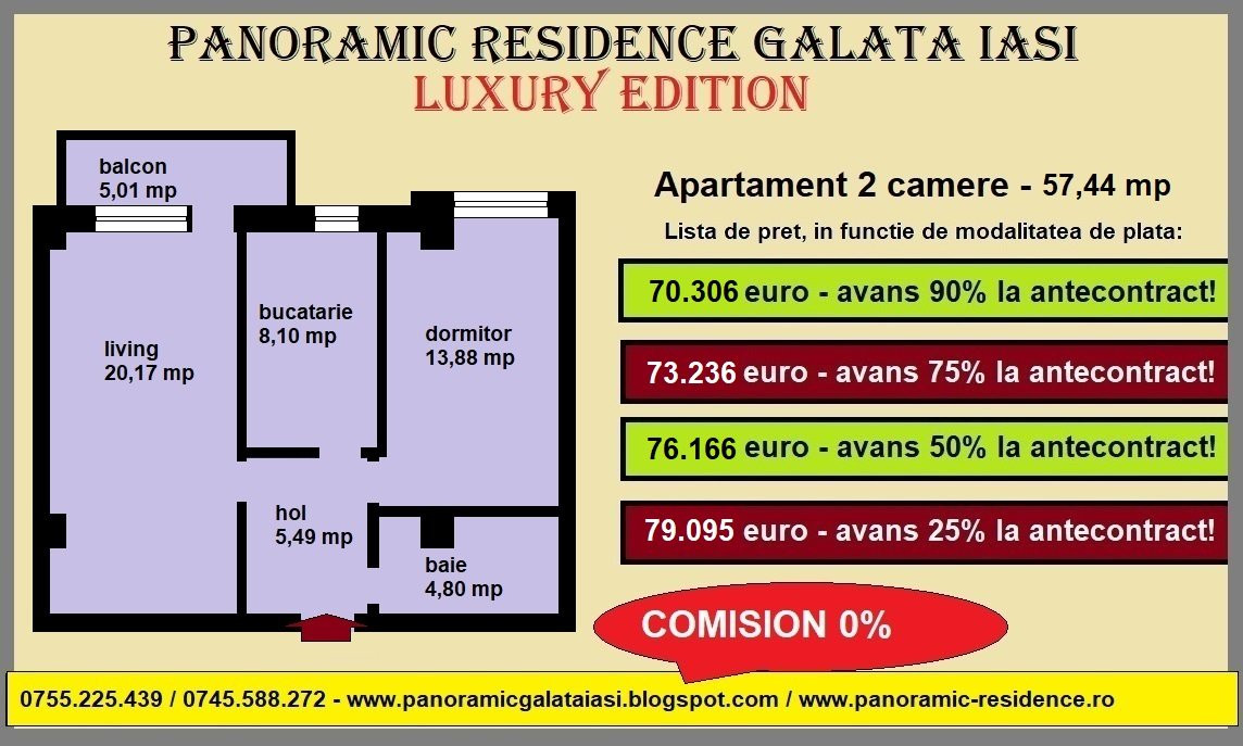 Apartament 2 camere, 57,44 mp, decomandat, de vanzare in Iasi, Galata