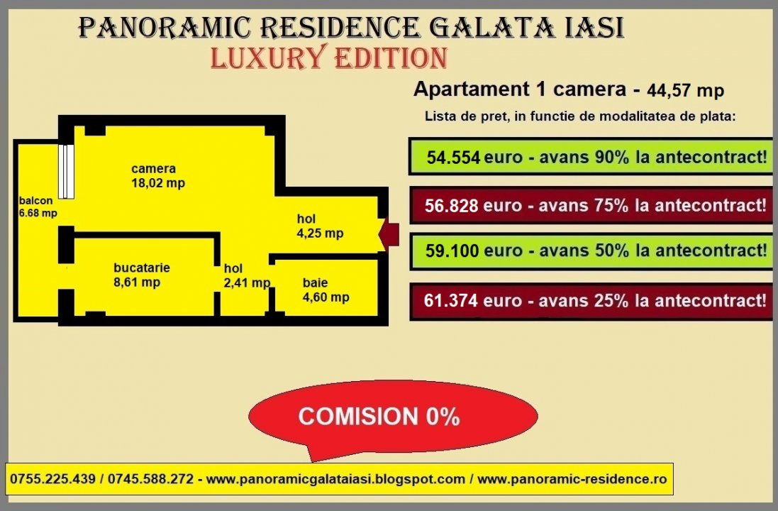 Apartament 1 camera, 44,57 mp, decomandat, de vanzare in Galata Iasi