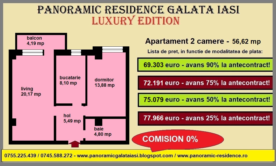 Apartament 2 camere, 56,62 mp, decomandat, de vanzare in Iasi, Galata