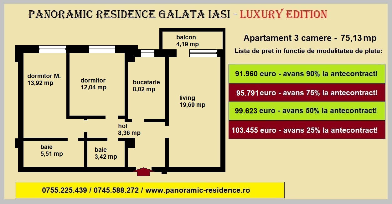 Apartament 3 camere decomandat, Galata, 76 mp, bloc nou, cartier rezidential 