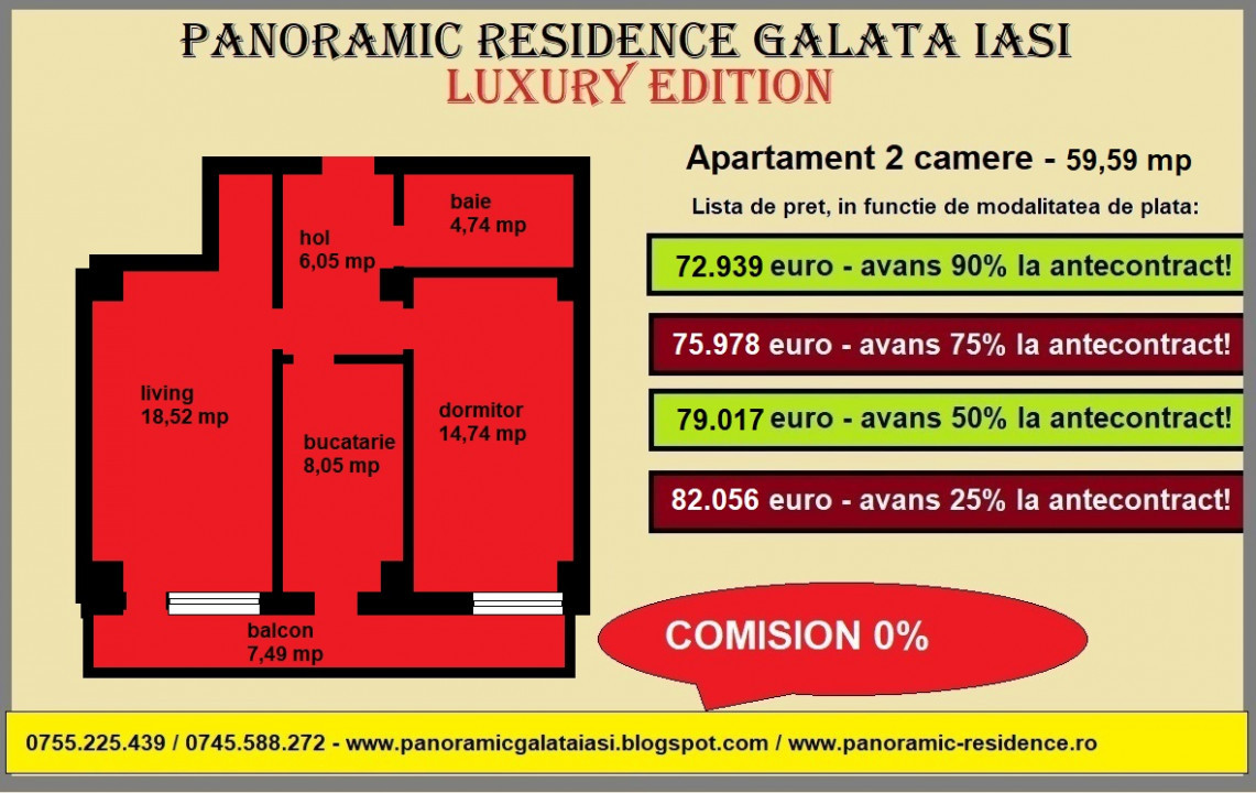 Apartament 2 camere, decomandat, 60 mp, de vanzare in Iasi, Galata Sos. Voinesti