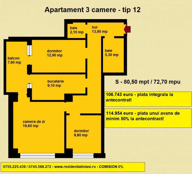 De vanzare apartament 3 camere, 80,50 mp, 2 bai, decomandat, bloc nou Nicolina 