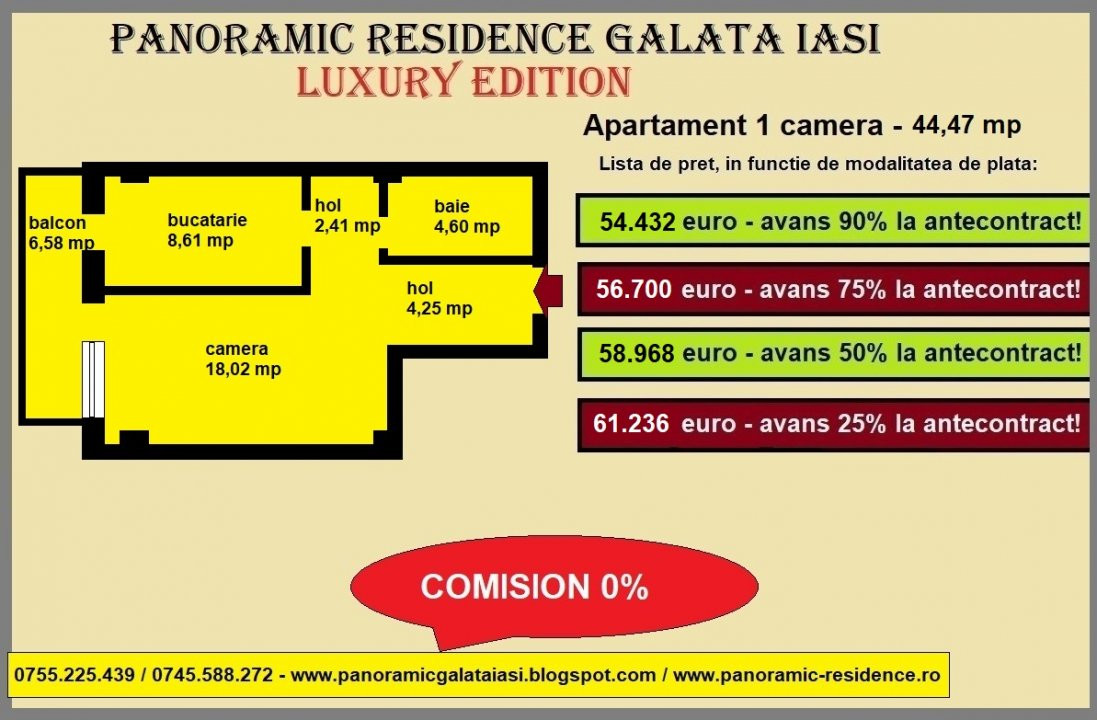 Apartament 1 camera, 44,47 mp, decomandat, de vanzare in Galata Iasi