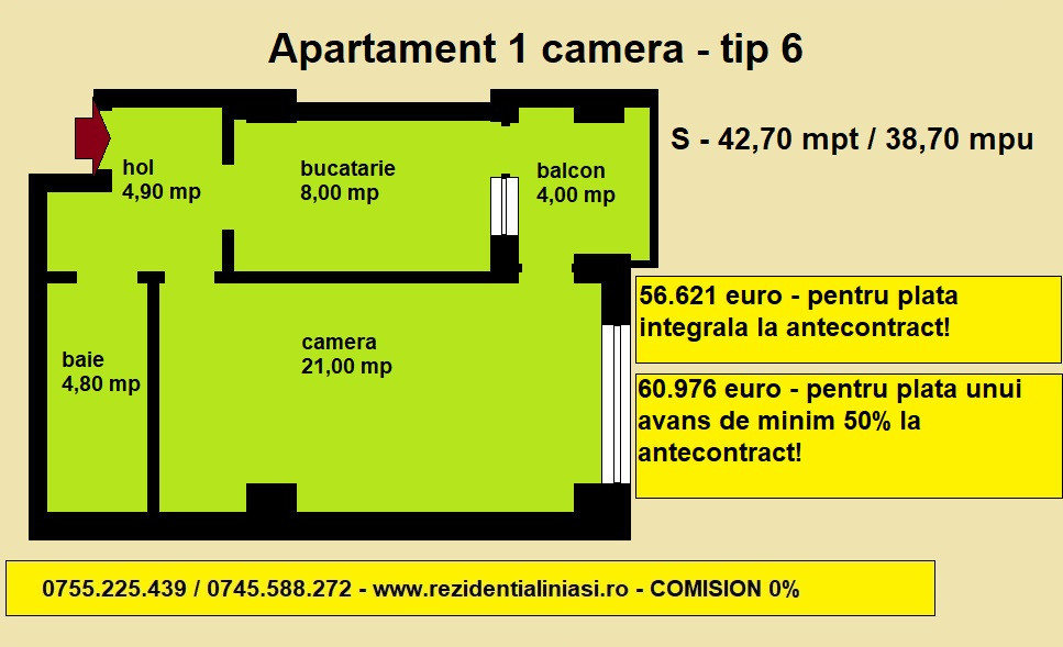 Apartament 1 camera, Nicolina Aleea Tudor Neculai, 42,7 mp, bloc nou 