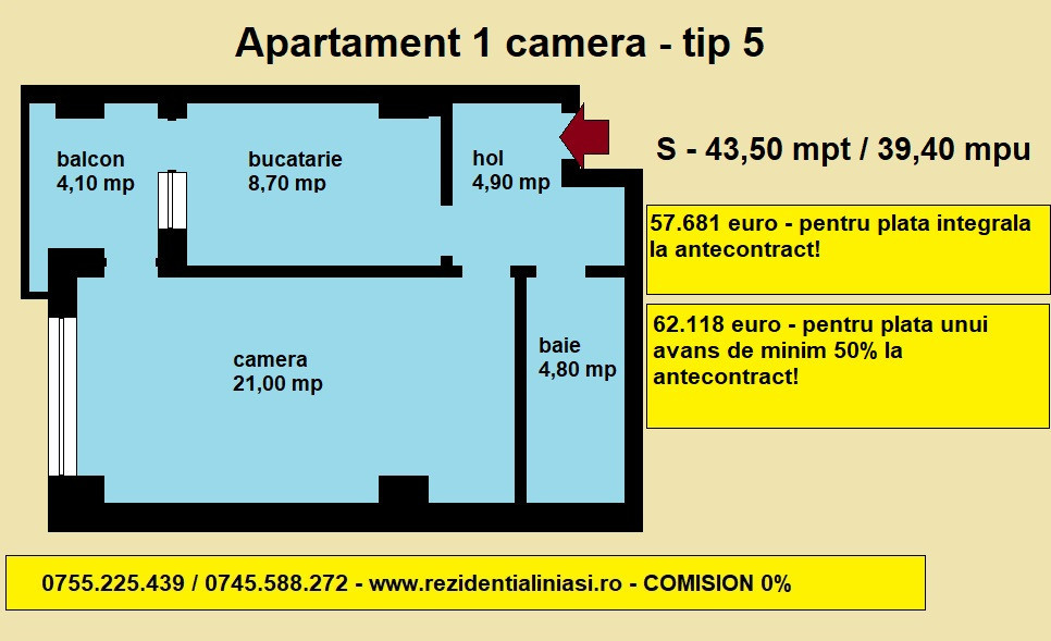 De vanzare apartament 1 camera in bloc nou, Nicolina Rond Vechi, 43,5 mp 