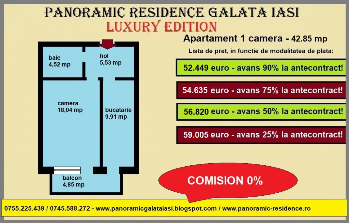 Apartament 1 camera, 43 mp, decomandat, de vanzare in Galata Iasi -Sos. VoinestI