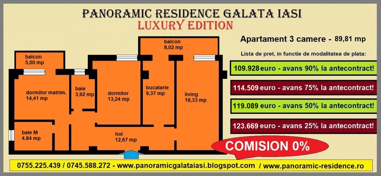 Apartament 3 camere, 89,81 mp, decomandat, 2 bai, Sos. Voinesti Galata Iasi 