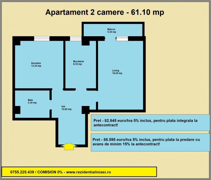 De vanzare apartament 2 camere decomandat, 61.10 mp, bloc nou Popas Pacurari 