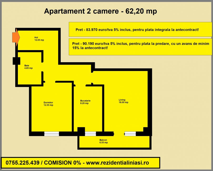 De vanzare apartament 2 camere decomandat, 62,20 mp in spate la Carrefour