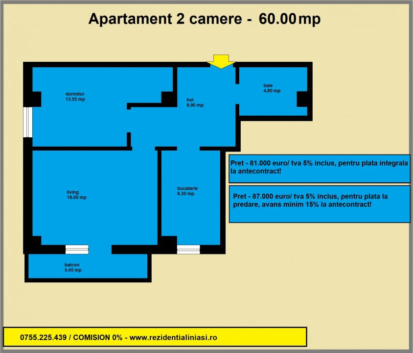 De vanzare apartament 2 camere decomandat, 60 mp, Mega Image Soleia