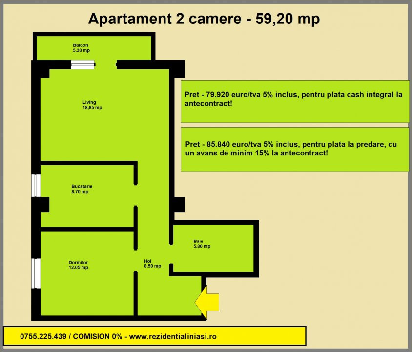 De vanzare apartament 2 camere decomandat, 59,20 mp, Penny Valea Lupului Iasi 