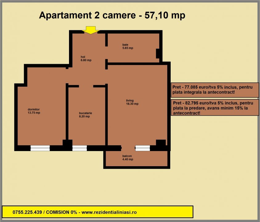 De vanzare apartament 2 camere, decomandat, 57,10 mp, Popas Pacurari