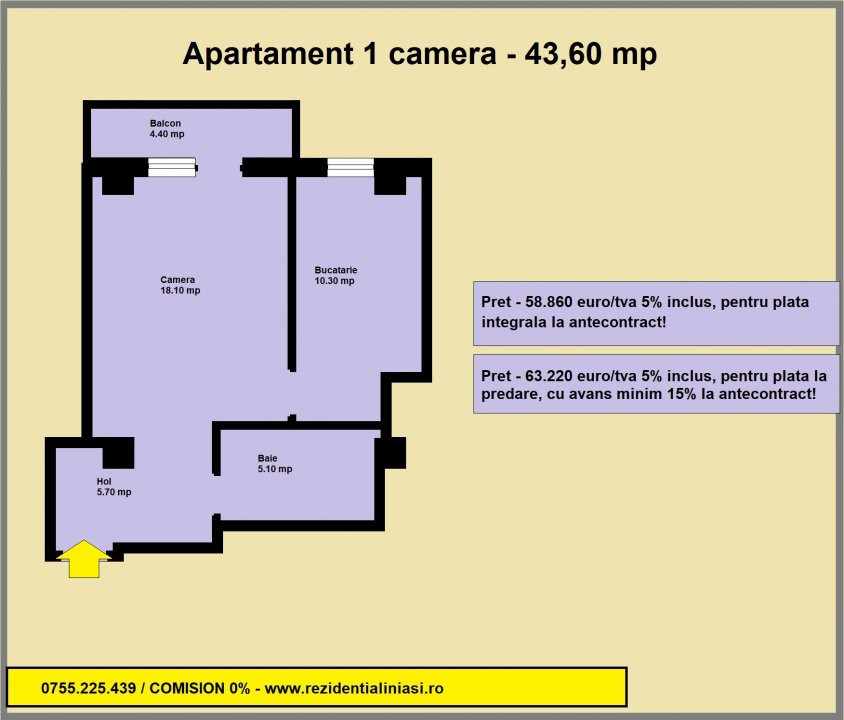 De vanzare apartament 1 camera, 43,60 mp, in spate la Carrefour Market