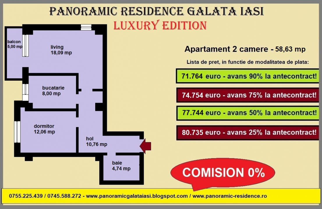 Apartament 2 camere, 59 mp, decomandat, Sos. Voinesti Galata Iasi 