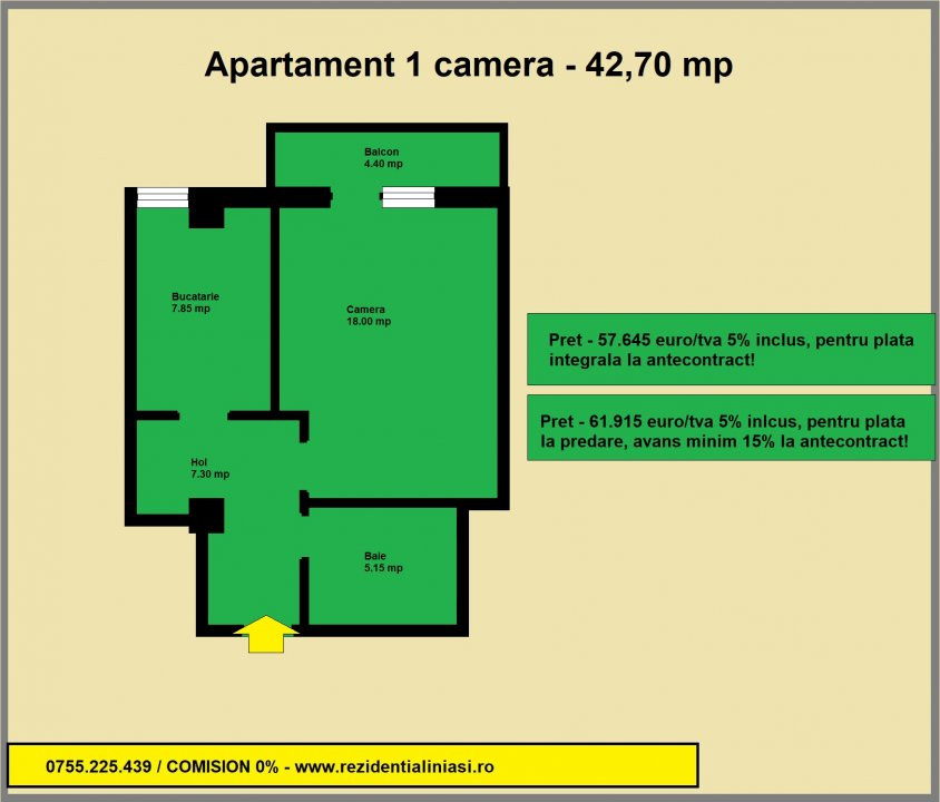 De vanzare apartament 1 camera decomandat, 42.70 mp, Mega Image Soleia