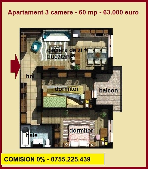 Apartament 3 camere, 60 mp, de vanzare in Miroslava in spate la Family Market 