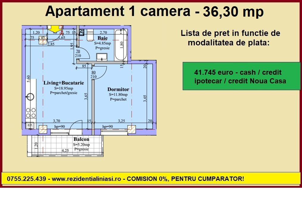 De vanzare apartament 1 camera Iasi, Bucium, 36,30 mp, bloc nou
