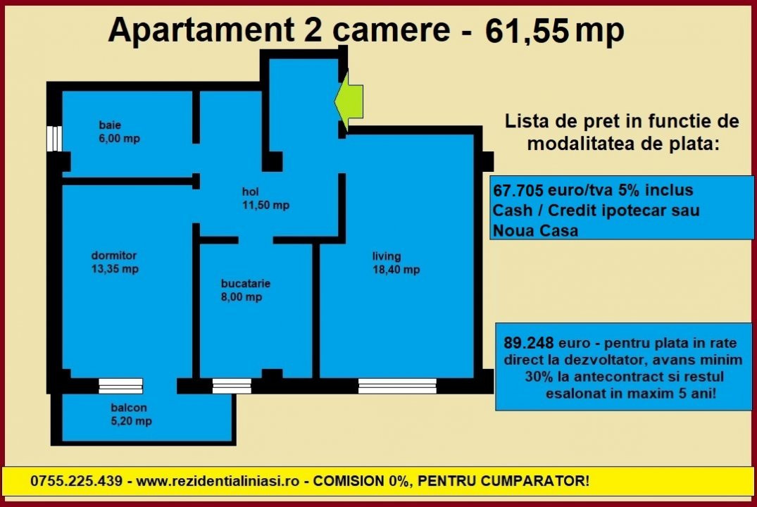 De vanzare apartament 2 camere, 61,55 mp, decomandat, baie cu geam, bloc nou
