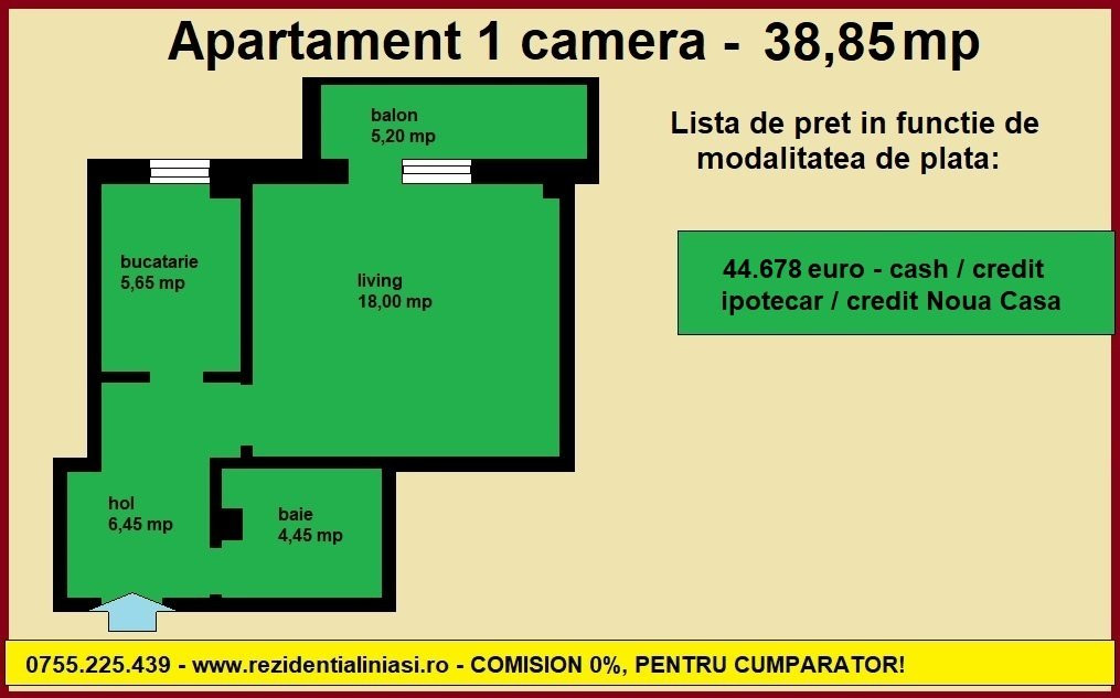 De vanzare apartament 1 camera Iasi, Bucium, decomandat, 38,85 mp, bloc nou