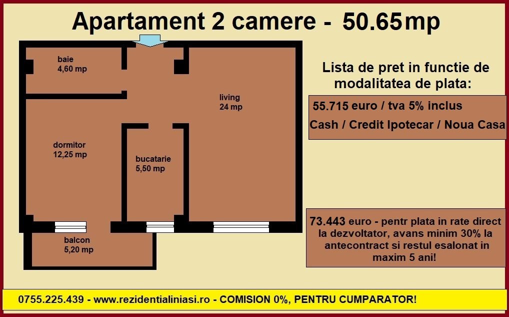 De vanzare apartament 2 camere, 50,65 mp, decomandat, bloc nou, Bucium Iasi 