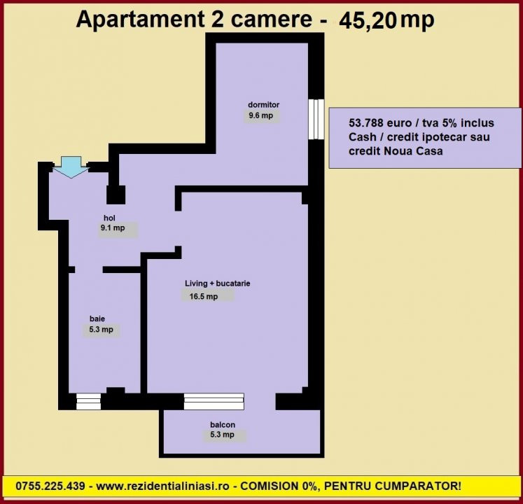 De vanzare apartament 2 camere, 45,20 mp, bloc nou, intabulat, baie cu geam