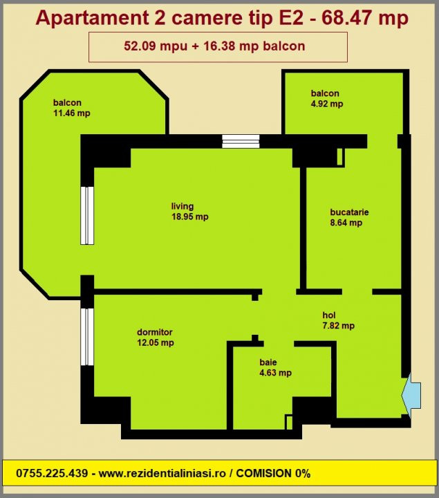 Apartament 2 camere de vanzare , Copou - Aleea Sadoveanu, 69 mp, Royal Town 
