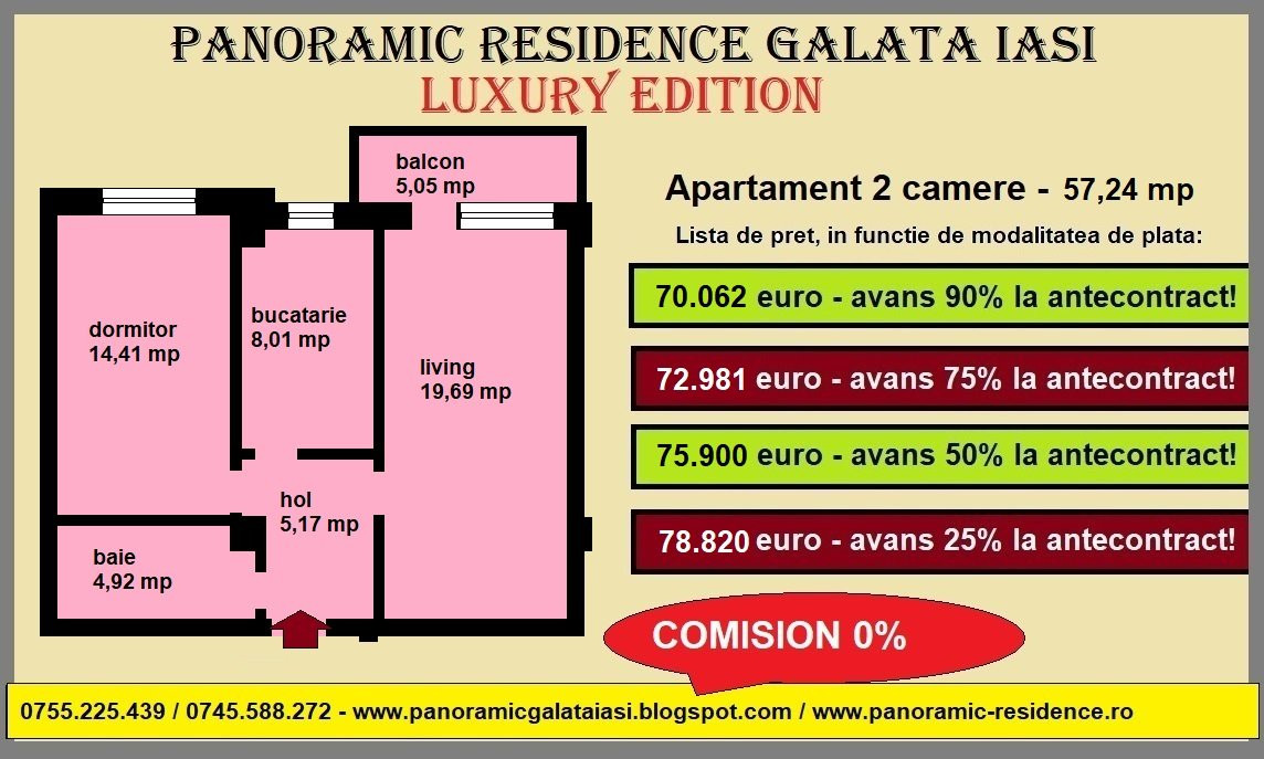 Apartament 2 camere, 57,24 mp, decomandat, de vanzare in Galata Iasi 