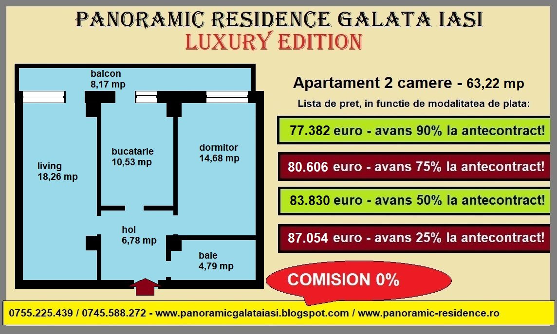 Apartament 2 camere, 63 mp, decomandat, de vanzare in Galata Iasi -Sos. Voinesti